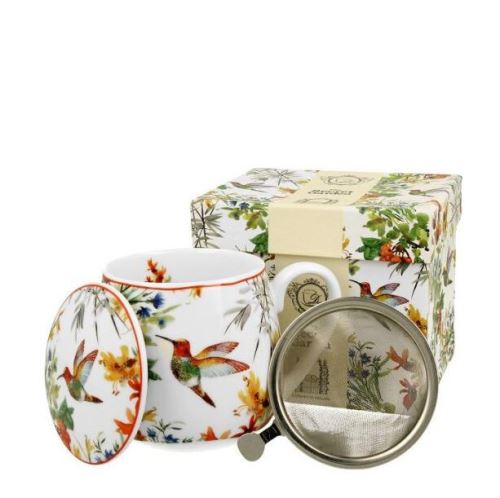 Hrnek baňatý LINNEA 430 ml kolibřík+víčko+sítko NR, porcelán, DB